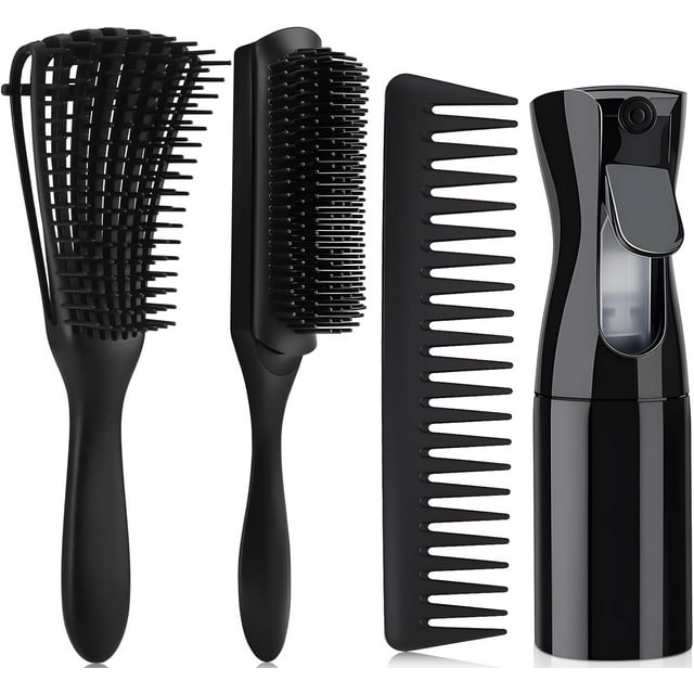 Juego de Cepillos para Desenredar el Cabello, Set de 4 Cepillos de Peluquería, Incluyendo Cepillo Clásico, Peine Ancho, Peine para Cabello Rizado y Botella Nebulizadora Para Mujer