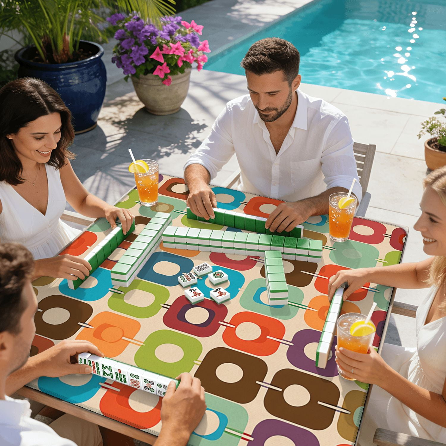Mahjong Mat 31.5" x 31.5" mid century style seamless Non-Slip Noise Reduction American Mahjong Tiles Table Cover for Dominoes Poker Card Board Games Gift