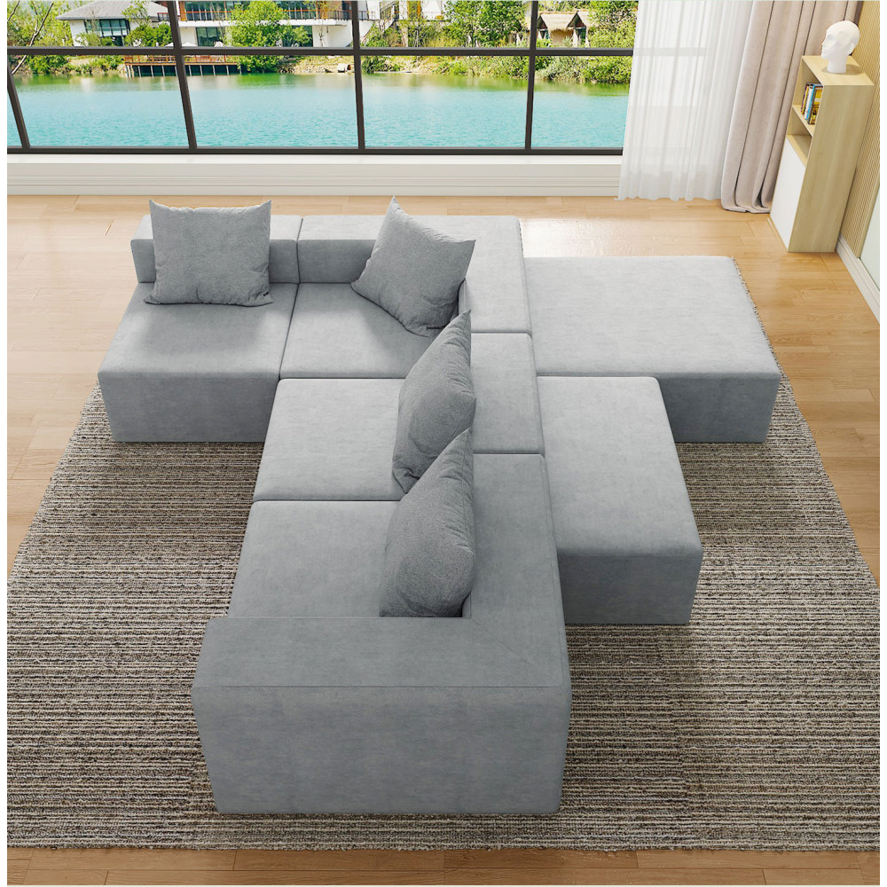 Gray Boneless Couch, Sectional Couches for Living Room, Modern Modular Sofa, 4-Seater with 2 Ottomans and Oversized Chaise
