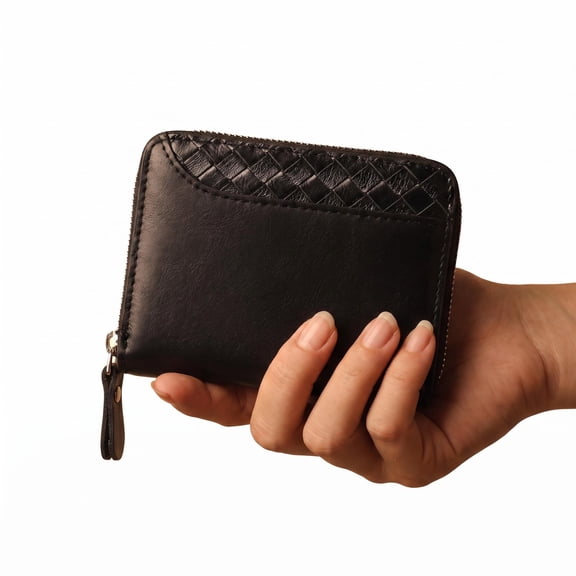 Men's Zipper Bifold Wallet, Woven Synthetic Leather with ID Window and Coin Pocket