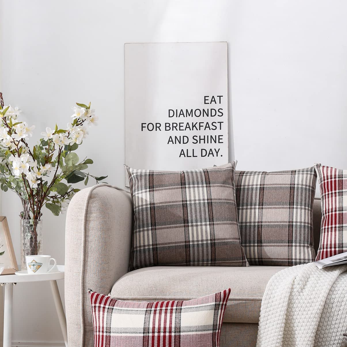 Brown Tartan Plaid Lumbar Pillow Cover 12x20 Set of 2 Farmhouse Buffalo Plaid Brown Striped Lumbar Throw Pillow Cover for Living Room Couch Sofa