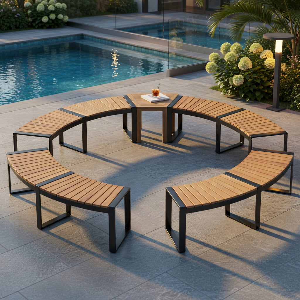 Hommoo 2-Piece Curved Patio Bench Set, Acacia Wood Slatted Seat with Powder-Coated Metal Legs, Outdoor Seating for Backyard, Poolside & Balcony, Yellow