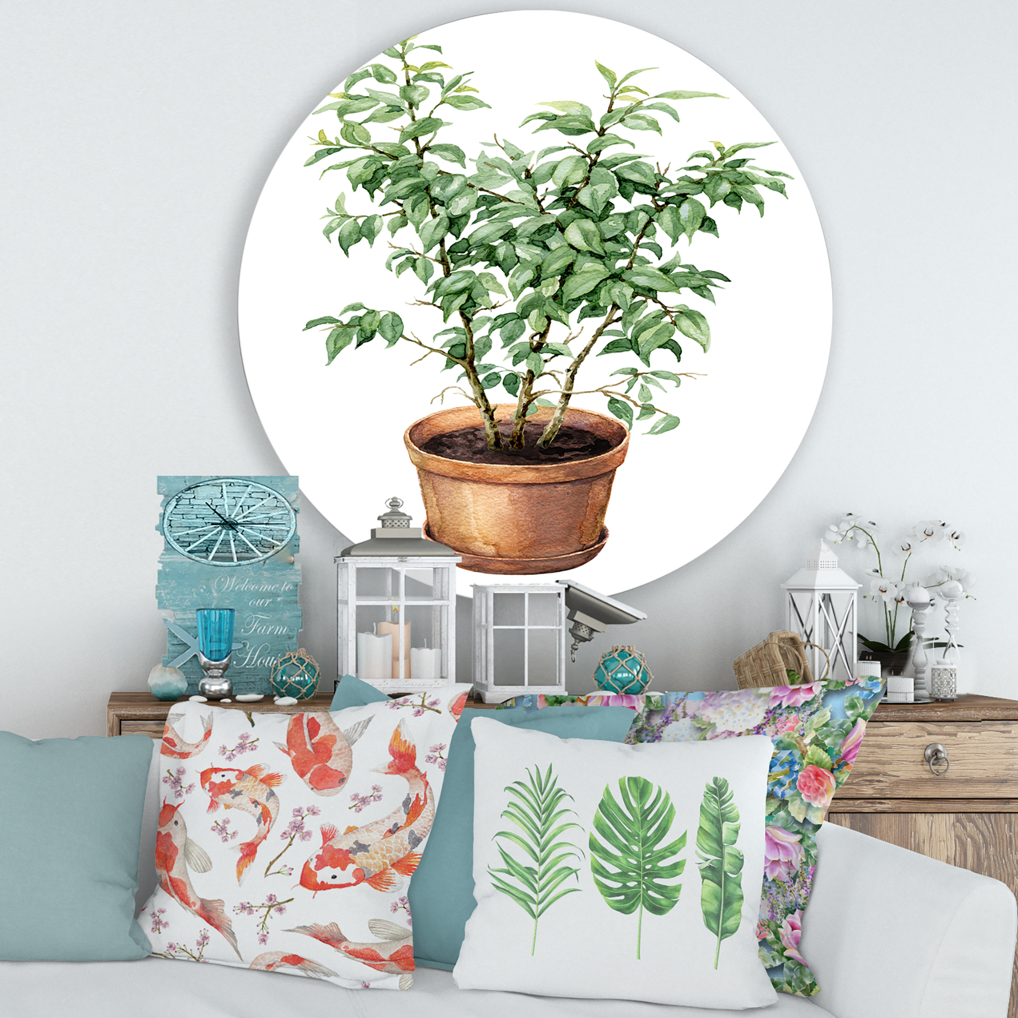 Designart 'Ficus Benjamina Plant In Clay Flowerpot' Traditional Circle Metal Wall Art 36x36 - Disc of 36