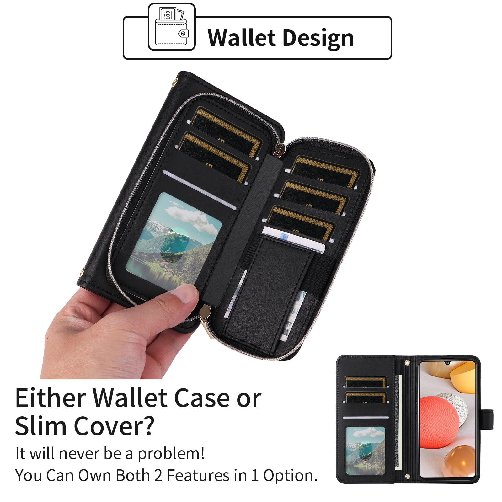 Furiet Argyle Wallet Case for Samsung Galaxy A42 5G with Wrist/Shoulder Strap Card Slot Zipper Purse Luxury PU Leather Card Holder Stand Checkered Phone Cover for A 42 G5 42A S42 4G 2021 Black