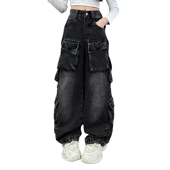 HNMKIU Stylish Girls Denim Overalls Casual High Waist Long Pants with Practical Pockets for Everyday Wear