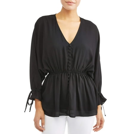 Cinch Waist Top - Denise V-Neck Button Front Cinched Blouse Women's