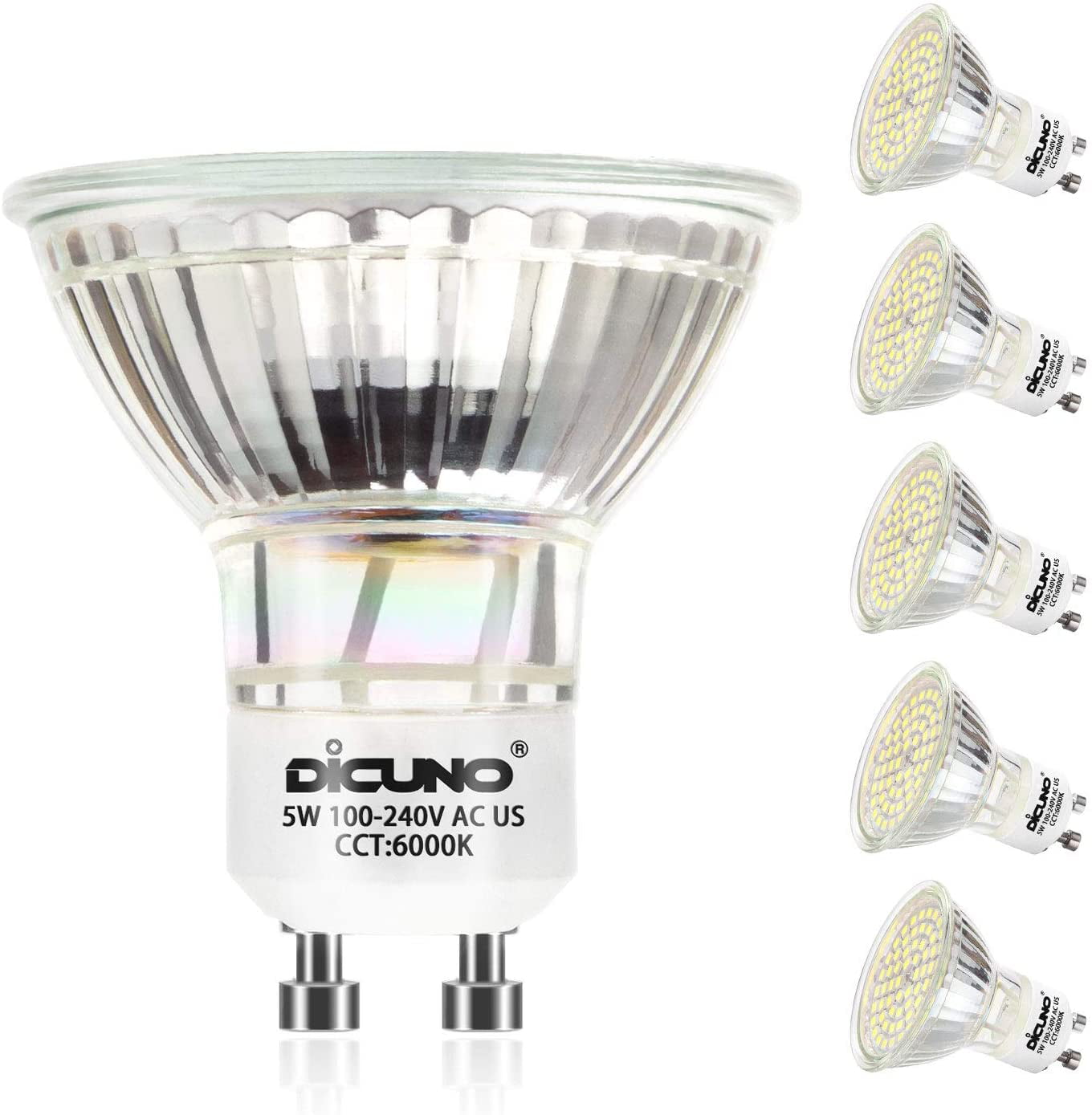 GU10 LED Bulbs 5W Daylight White 6000K, 500lm, 120 Beam Angle, Spotlight, 50W Halogen Bulbs Equivalent, Non-dimmable MR16 Light Bulbs, 6-Pack -