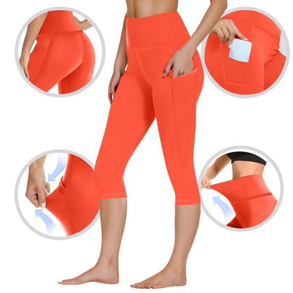 Women's High Waist Yoga Capris Leggings, Soft Stretchy Workout Fitness Cropped Pants with Pockets Red 3XL