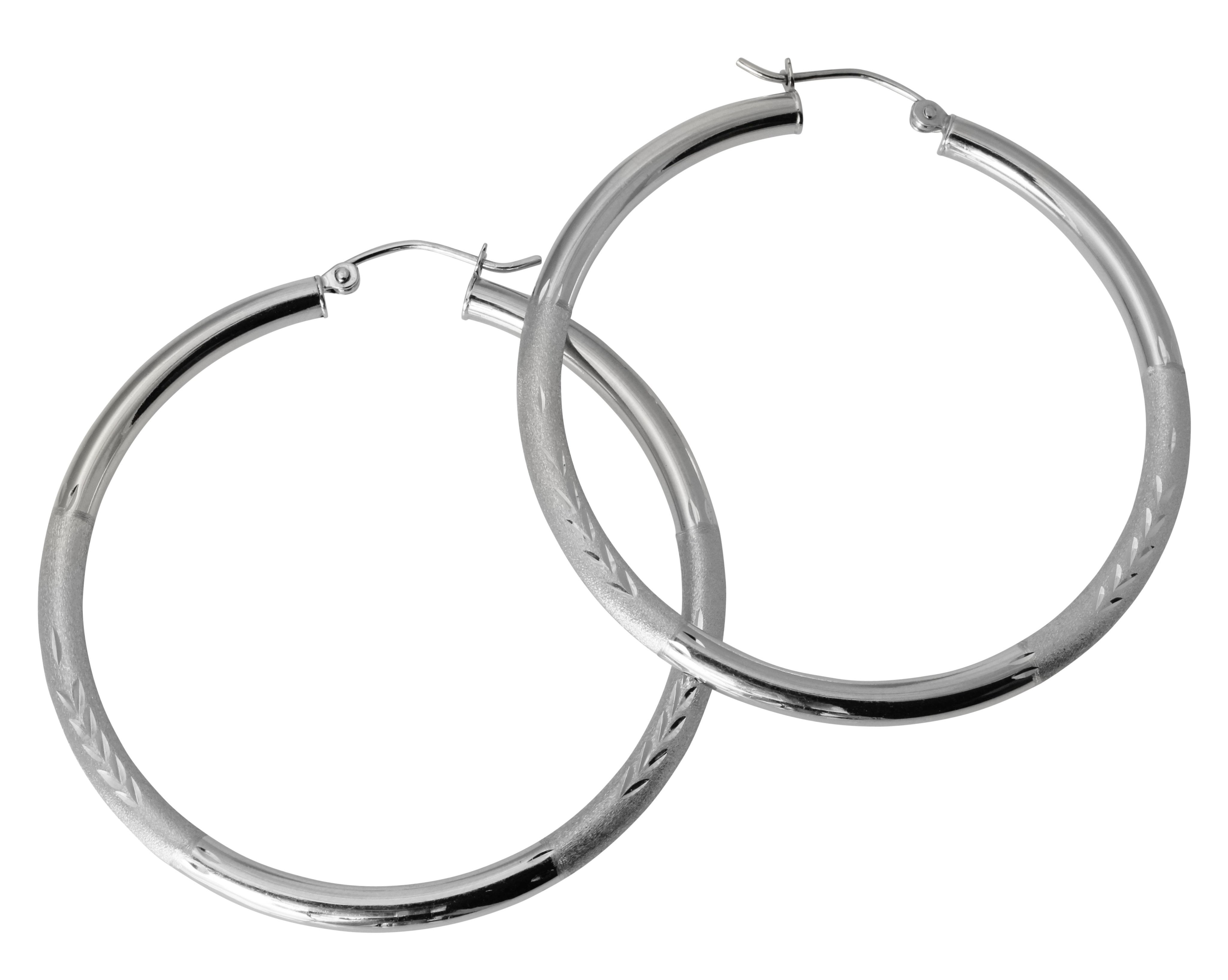 14k REAL White Gold 3mm Thickness Hinged Diamond Cut Hoop Earrings 6 Different Size Available
