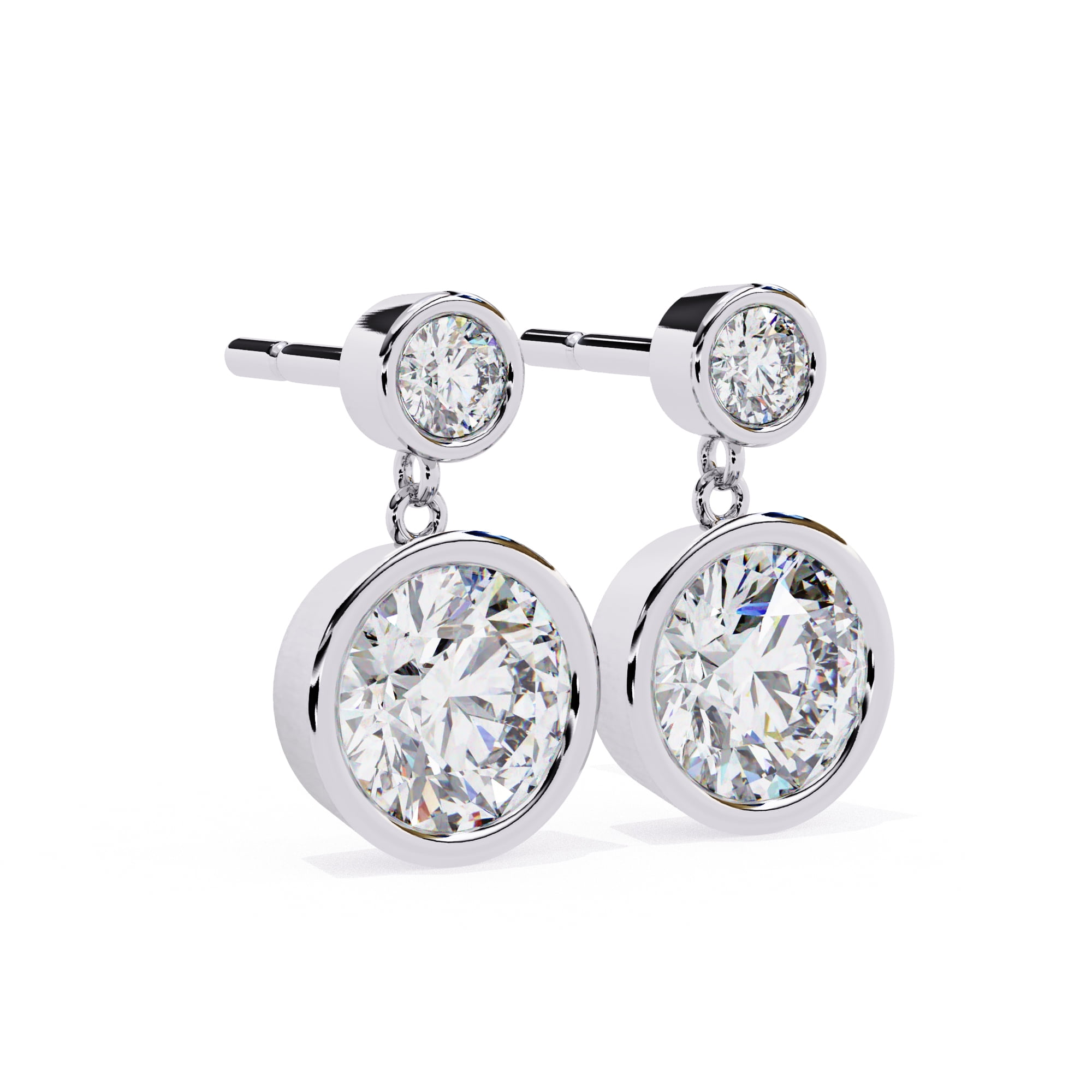 Moissanite Diamond Drop Earrings in Sterling Silver, Round Cut 6mm & 2.7mm Bezel Set with Screw Back