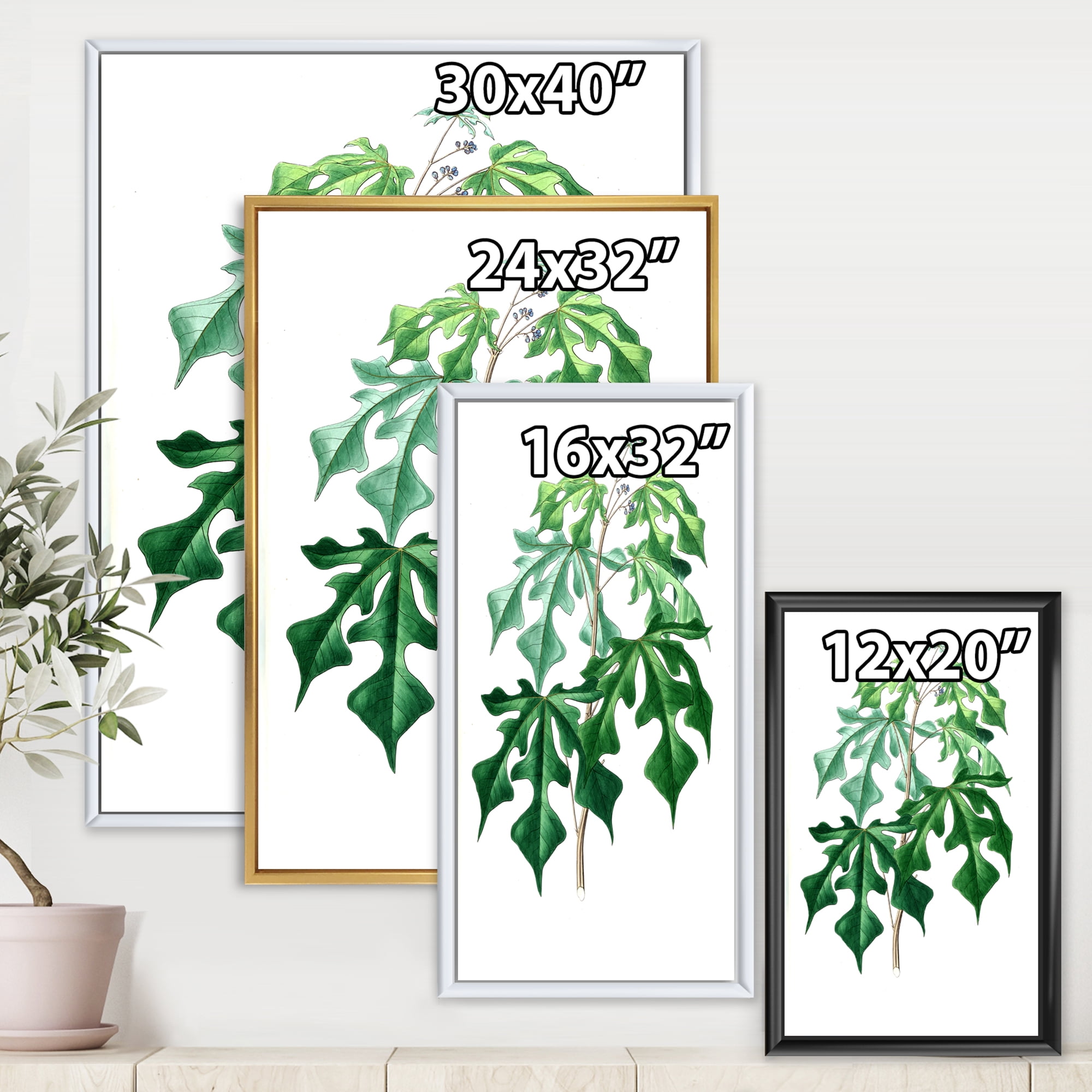 Designart 'Ancient Green Leaves Plants II' Traditional Framed Canvas Wall Art Print
