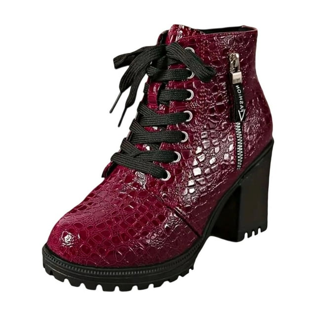 Lovzfmll Bottes à la Cheville pour Femmes, Bottes de Moto à Talon Épais en Cuir Épais, Bout Pointu à Lacets Talon Moyen Bout Rond Bottillons d'Automne Bottes Rouges