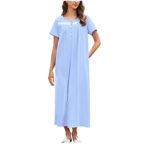 hotojiny Nightgowns for Women Soft Short Sleeve Long Sleepshirt Casual Loose Crew Neck Button House Dress Sleepwear