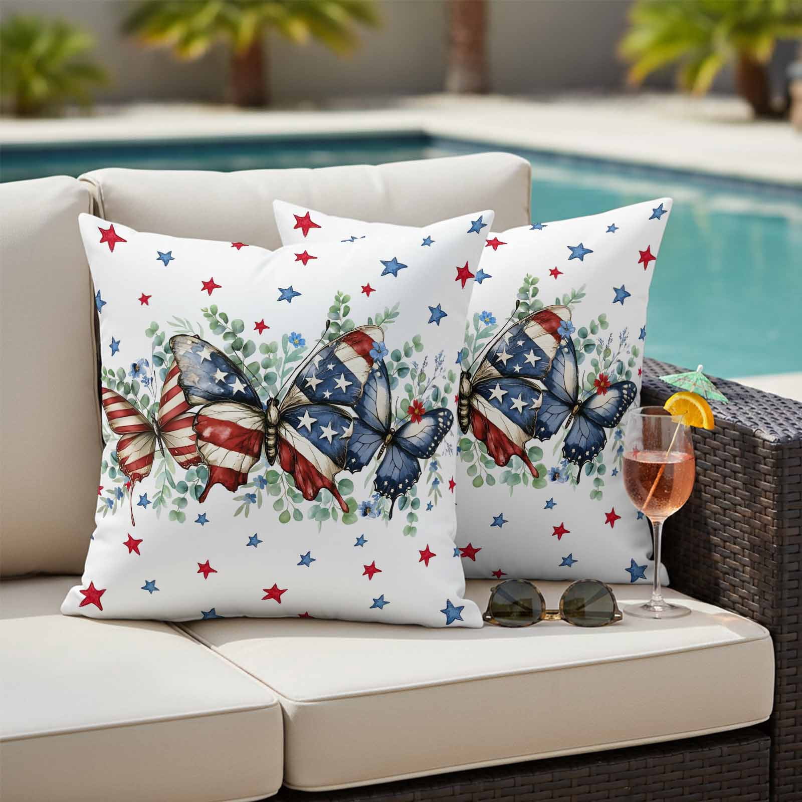 Waterproof Throw Pillow Covers 16x16 Set of 2, Patriotic Butterfly American Flag Theme Outdoor Pillowcases Invisible Zipper, Red White Blue Stars Decorative Cushion Covers for Patio Garden Sofa Couch
