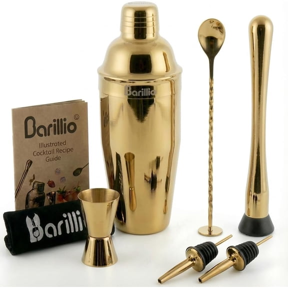 Visualz Gold Mixology Bartender Kit - 8 pcs Stainless Steel Travel Cocktail Shaker Set with Bag - Bar Tools Set with Martini Shaker, Drink Mixer Spoon & Mojito Muddler for Cocktails, Pourers & Jigger