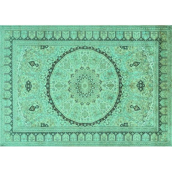 Ahgly Company Machine Washable Indoor Rectangle Medallion Turquoise Blue Traditional Area Rugs, 8' x 10'