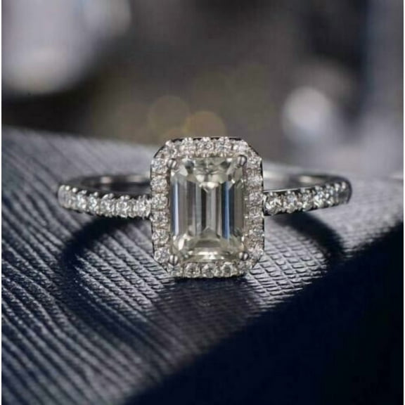 2Ct Emerald Cut Lab-Created Diamond Halo Engagement Ring 14K White Gold Plated