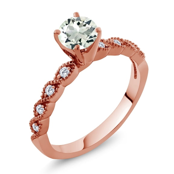 Gem Stone King 18K Rose Gold Plated Silver Ring Round Green Prasiolite and Moissanite (0.92 Cttw, Size 6)