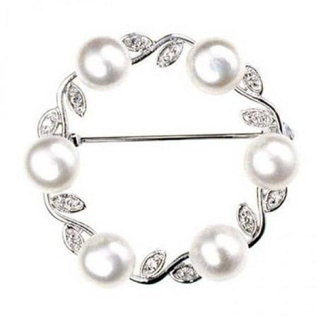 Cultured Pearl Pearl Brooch - 925 Sterling Silver Freshwater Cultured Pearl Leaf Circle Brooch Pin
