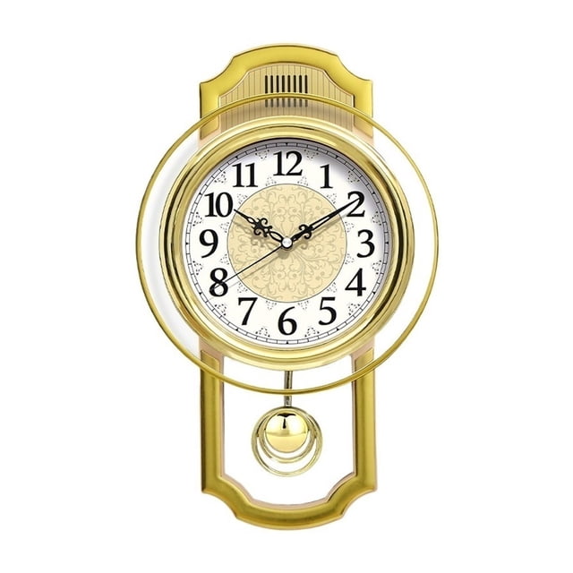 Reloj de pared oscilante retro europeo, sencillo y elegante, for sala de estar, dormitorio, silencioso, de cuarzo, dorado/marrón.
