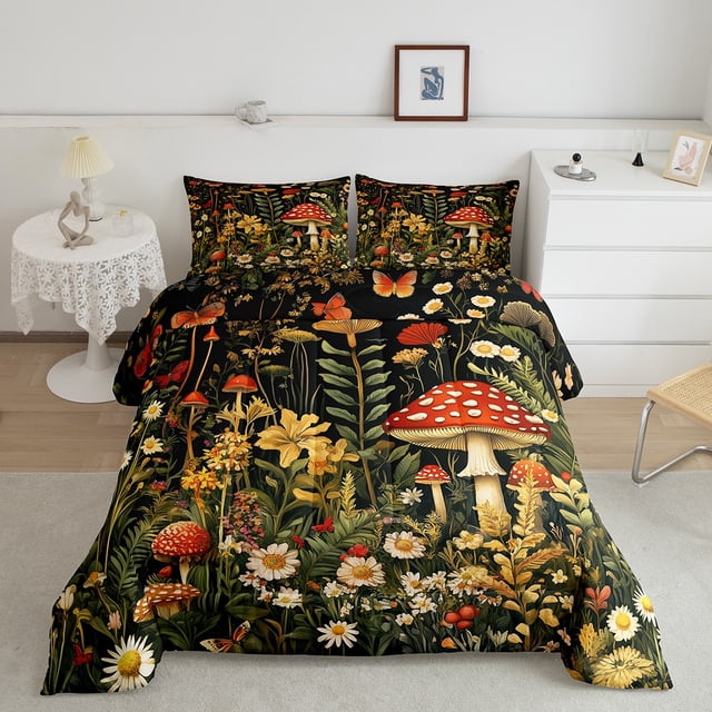 Erosebridal Ensembles de Douillette Plantes de Jungle Format Grand Lit, Douillettes et Couettes Bohèmes à Champignons, Déco Florale Rétro, Réversible 3 Pcs