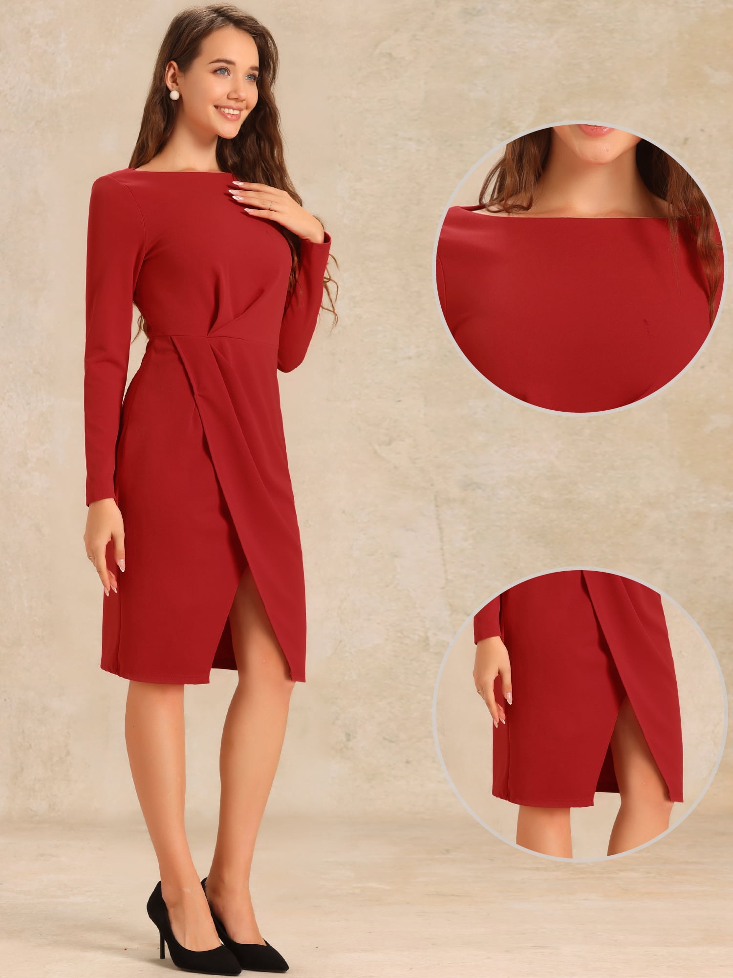 DARING DIVA Boat Neck Ruched Split Sheath Dress L Red