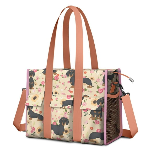 Teacher Tote Bag,Dachshund and Flower Teacher Utility Tote Bag,Large Work Tote Bags for Women with Multiple Pockets,Top Zipper Closure,13.8x10.6x6.7 Inch