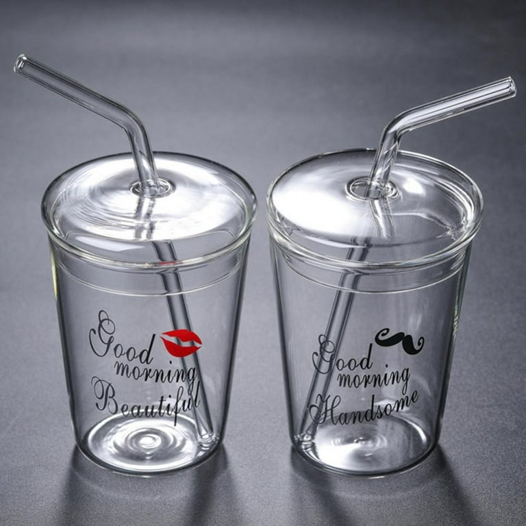 300ml Glass Drinking Cup with Lid and Straw, Cute Strawberry Coffee Water Juice Smoothie Bottle