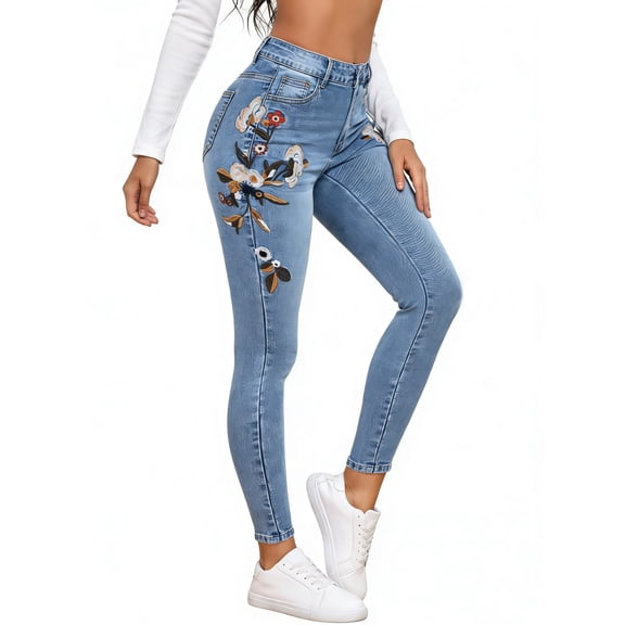 Women's High Rise Skinny Jeans with 3D Floral Embroidery,Stretchy Denim Pants