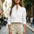 thumbnail image 7 of VBVC Women's Linen Stand Collar V Neck Blouse, Ladies' Long Sleeve Work Shirt, Elegant Office Top For Women, White , S-2XL, 7 of 7