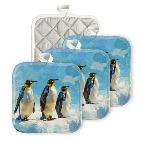 

BaHomeck Pot Holders 4pcs dacron Made Square heat-resisting mat Machine Washable for Kitchen Oven Hot Pads 6.7inch*6.7inch Penguins Standing On The Ice With Light Blue Background