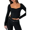 thumbnail image 2 of Gupgi Hauts Courts à Manches Longues pour Femmes, Haut Uni Fendu, T-Shirt Ajusté Basique à Encolure Carrée, 2 of 9