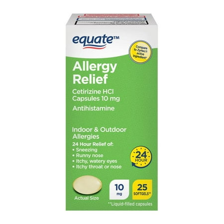 Equate Allergy Relief Cetirizine HCl Softgels, 25 Count, Compare to Zyrtec® Active Ingredient