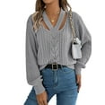 thumbnail image 2 of Women Casual Hollowed Out V-Neck Pullover Sweater Knit Long Sleeve Shirts Top Sweaters Grey XL, 2 of 9