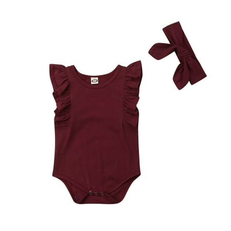 

Baby Girls Sleeveless Ruffle Romper Plain Bodysuit Jumpsuit with Headband Summer Clothes