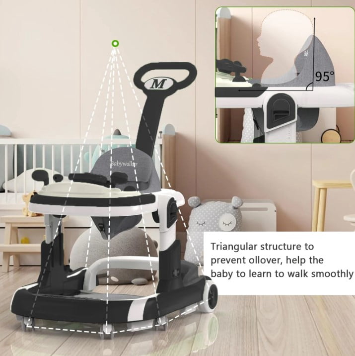 LHUAI 5-in-1 Baby Walker With Bouncer, Removable Footrest, Feeding Tray & Music, Foldable & Adjustable Activity Walker For Boys And Girls, Toddler Infant, Black