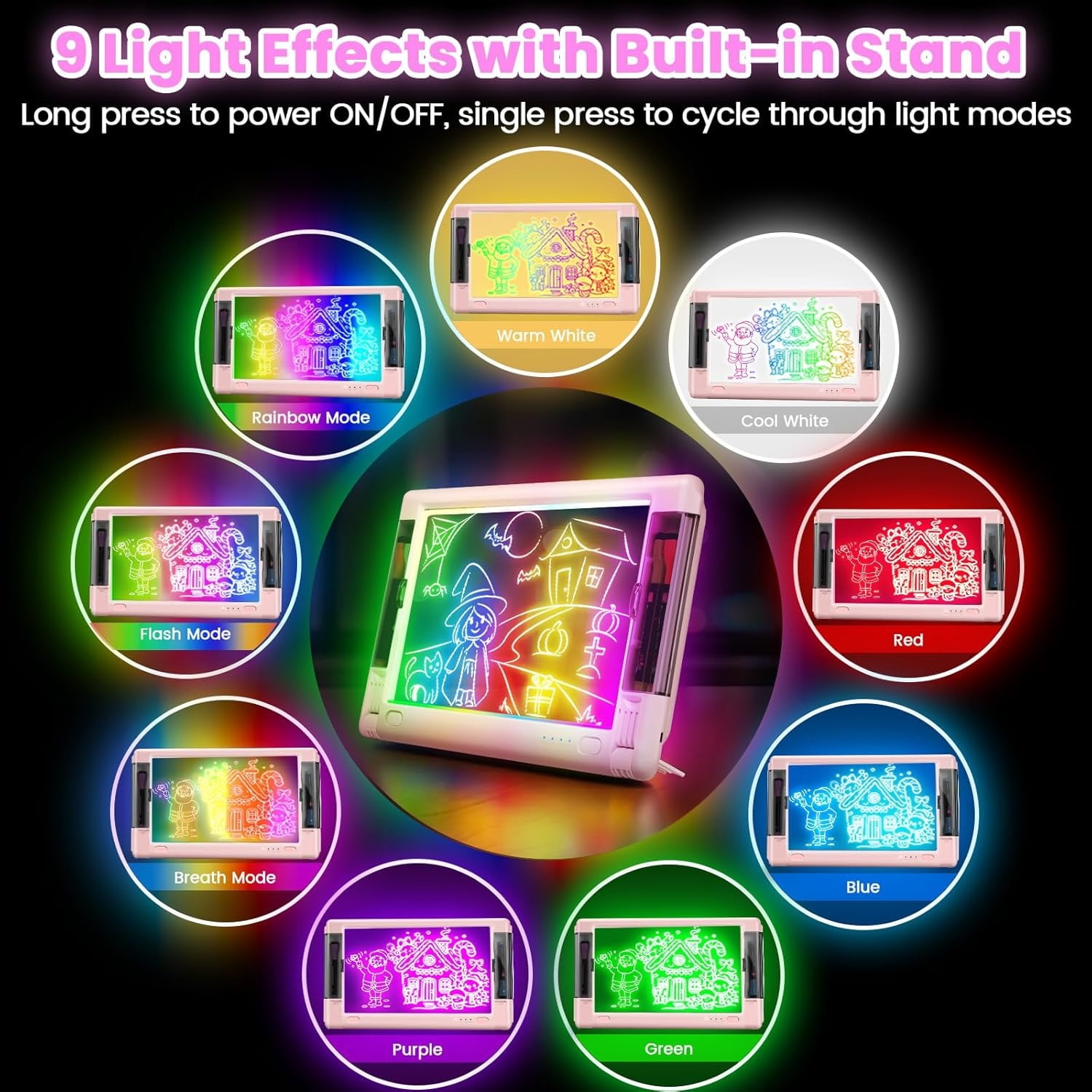 UKEXE 15 Inch Rechargeable LED Drawing Board - 9 Neon Light Modes, Portable Glow Art Tablet with Tracing Sheets, Creative Gift for Kids & Teens (Pink)