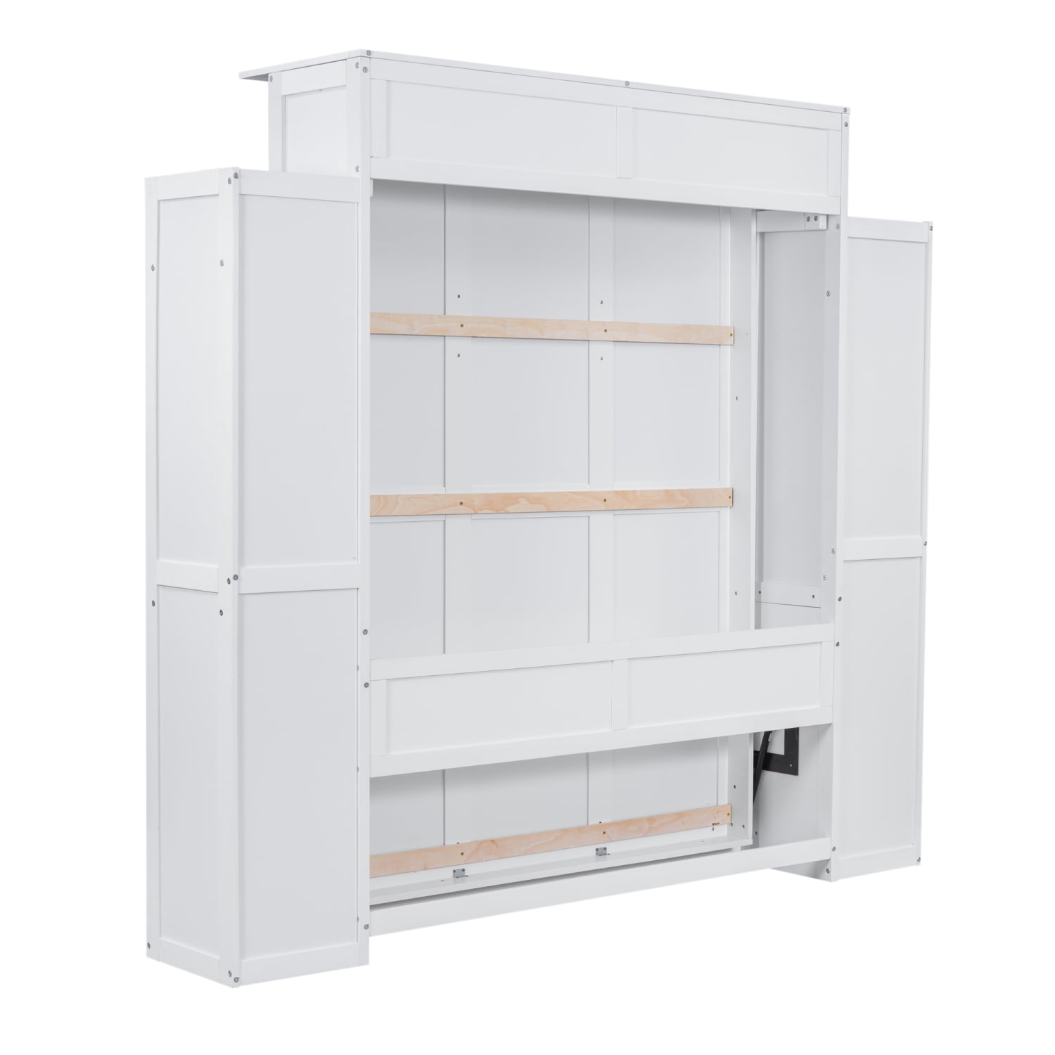 Churanty Wood Queen Size Murphy Bed with Storage Shelves and LED Lights, Foldable Wall Bed Murphy Bed Cabinet for Guest Room Home Office,White