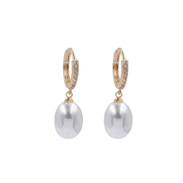 Aretes De Chapa De Oro Con Perla Oval Zirconia