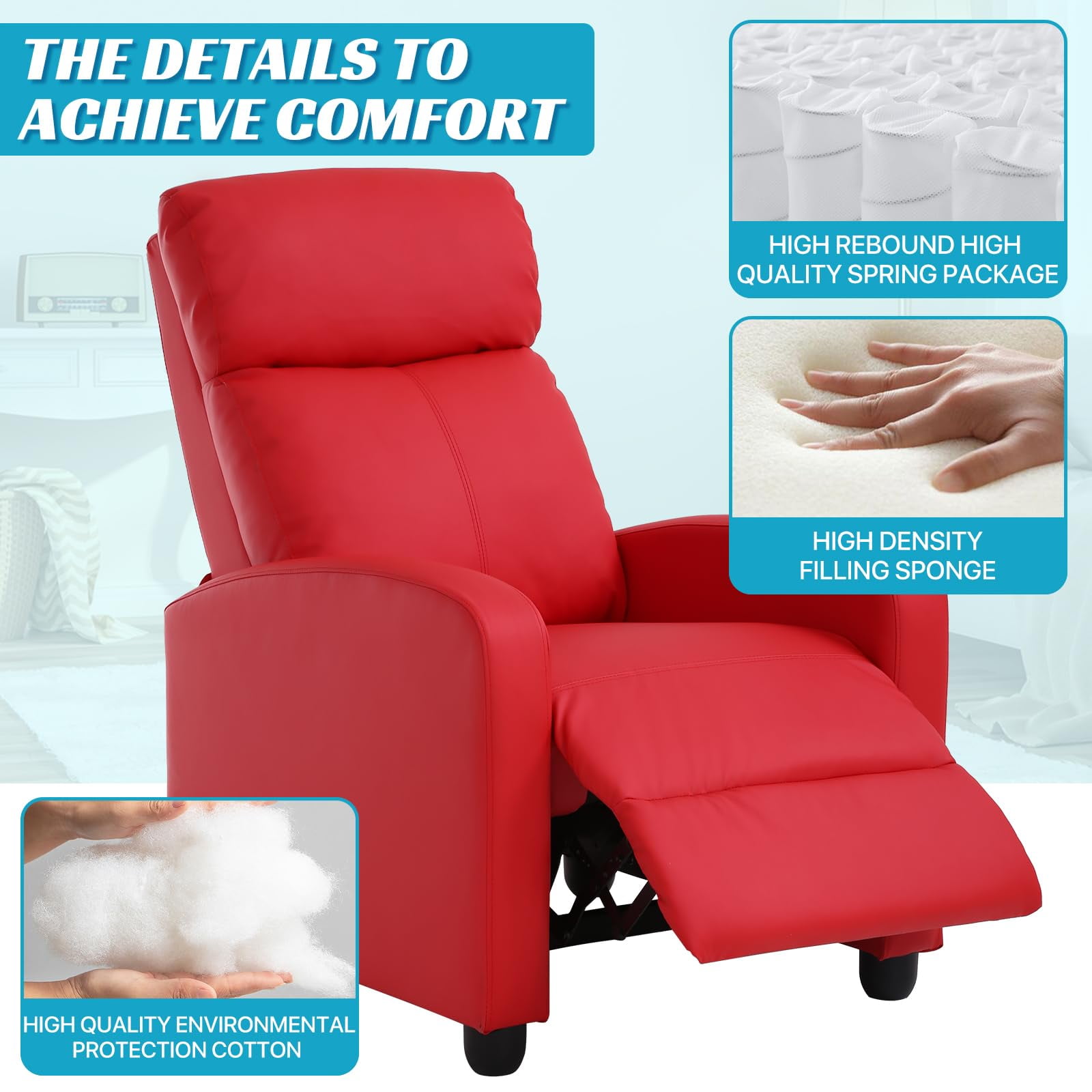 NiamVelo Recliner Chair for Adults, PU Leather Recliner Sofa with Lumbar Support, Adjustable Modern Reclining Chair with Padded Seat Backrest for Home, Living Room, Theater （Red）