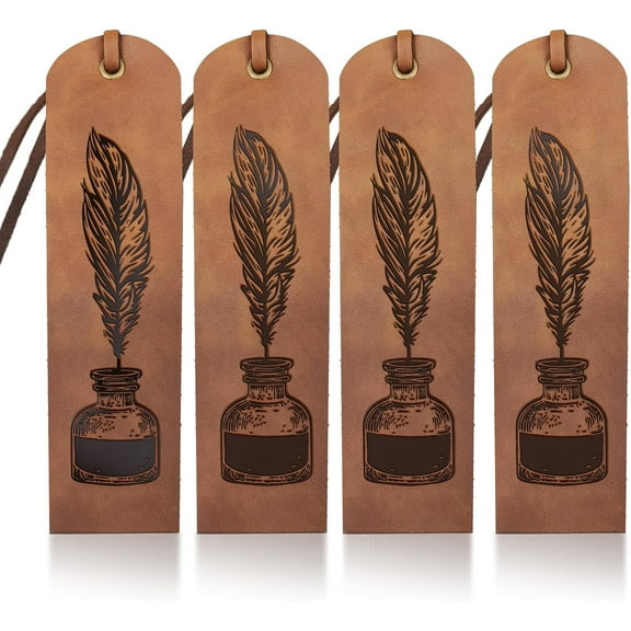 4Pcs Feather Pen Ink Leather Bookmark Vintage Handmade Ink Bottle Leather Book Page Markers for Men Women 2×7inch Classic Bookmark for Book Reading Book Lovers Readers Writers Gifts