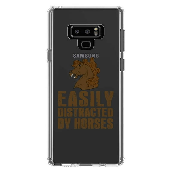 DistinctInk Clear Shockproof Hybrid Case for Samsung Galaxy Note 9 - TPU Bumper Acrylic Back Tempered Glass Screen Protector - Easily Distracted By Horses
