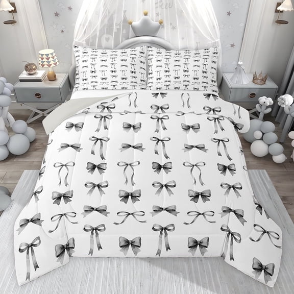 jejeloiu Kawaii Ribbon Bow Twin Comforter Sets,Gray White Bedding Set For Girl Kids Reversible 2pcs