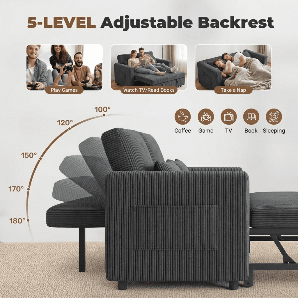 Howcool Sleeper Sofa Bed, Pull Out Couch, 3-in-1 Convertible Loveseat Sofa with Adjustable Backrest, Corduroy Couch for Living Room, Apartment & Small Space，Dark Grey