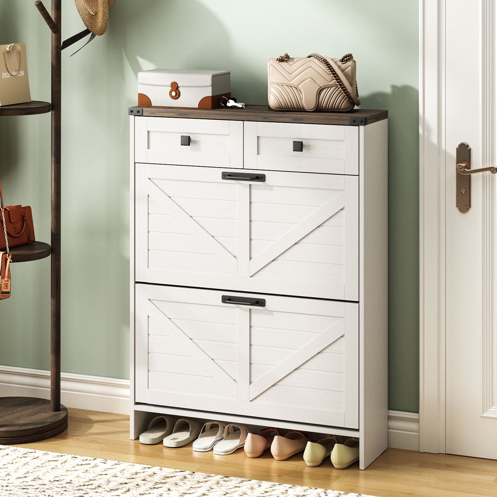 Vabches Shoe Storage Cabinet with 2 Filp Drawers and 2 Drawers, Farmhouse Slim Shoe Cabinet for Entryway, White