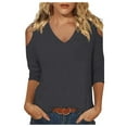 thumbnail image 1 of Top de manga tres cuartos con cuello en V, hombros al aire y corte informal para mujer - Estampado gráfico bonito, estilo playero - Para vacaciones/trabajo/colegio, lavar con agua fría, 1 of 6