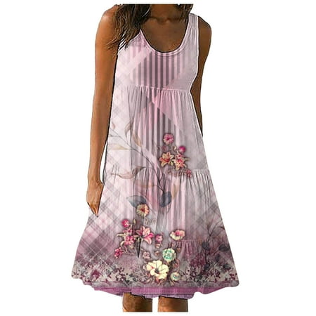 Blphud Summer Dress Maxi Summer Dresses for Women 2024 Casual Fit Dress Women Spring and Summer Sleeveless Round Neck Printed Casual Vacation Beach Maxi Dresses for Women Pink XL