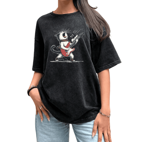 Women's Bold Statement Musician "Rockstar Cat Playing Guitar" Funny Cat Graphic Cotton Washed T Shirt Tee Black S-2XL Plus Size