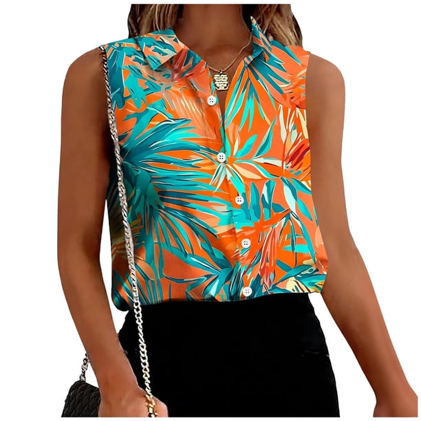 TaTaai Printed Blouse Lightweight Drape Women's Casual Fashion Lapel Button Sleeveless & Short Sleeve Loose Summer Office Smart-Casual Top Gift