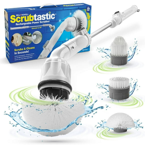 Bell + Howell Scrubtastic Rechargeable Power Scrubber with Extension Handle and 3 Brush Heads for Bathroom, Tile, and Kitchen Cleaning